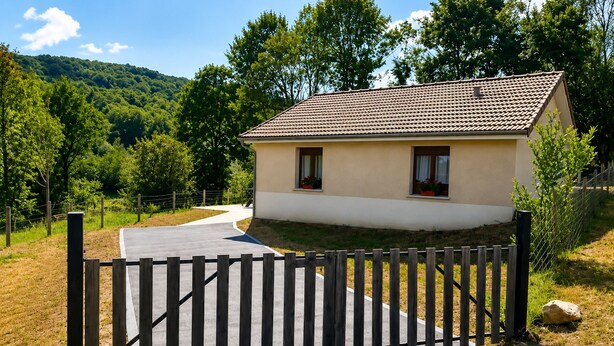 A house with a tiled roof, a wooden gate, and a paved driveway.