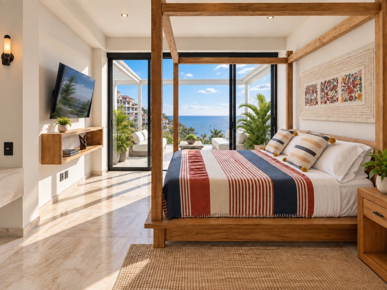 Un dormitorio moderno con una cama grande, un televisor y vista al mar.