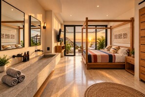 A modern bedroom with a large bed, a bathroom with a bathtub, and a view of the ocean. - Unique Designer Gem: Private Pool, Elevator, Views (Puerto Vallarta)