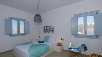 Luxury Cycladic Residence with Private Balcony, Upper Floor | Egyptian cotton sheets, premium bedding, individually decorated