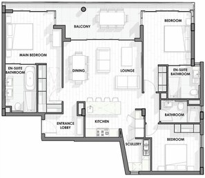 Grundriss eines Hotels mit Hauptschlafzimmer, Balkon, Essbereich, Wohnzimmer, Küche und eigenem Badezimmer sowie einem separaten Schlafzimmer.