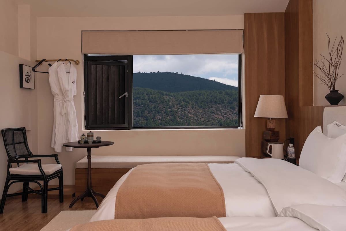 A hotel room with a bed, a small table with a lamp, a chair, a window with a view of a mountain, and a robe hanging on a rack.