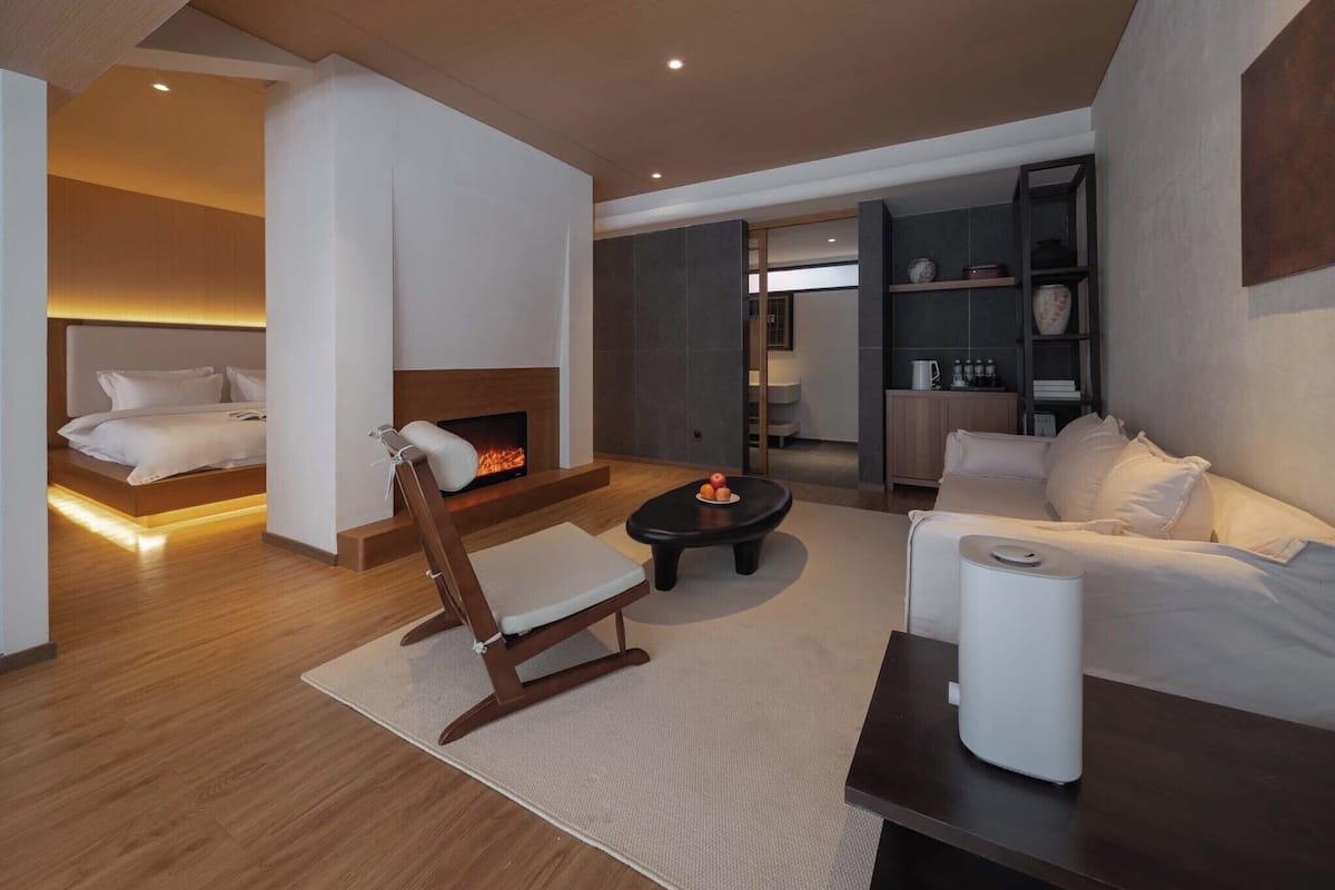 A modern living room with a fireplace, a sofa, a coffee table, and a bookshelf.