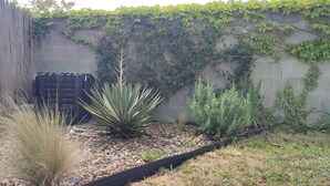 Een tuin met verschillende planten, een betonnen muur en een zwarte plantenbak.