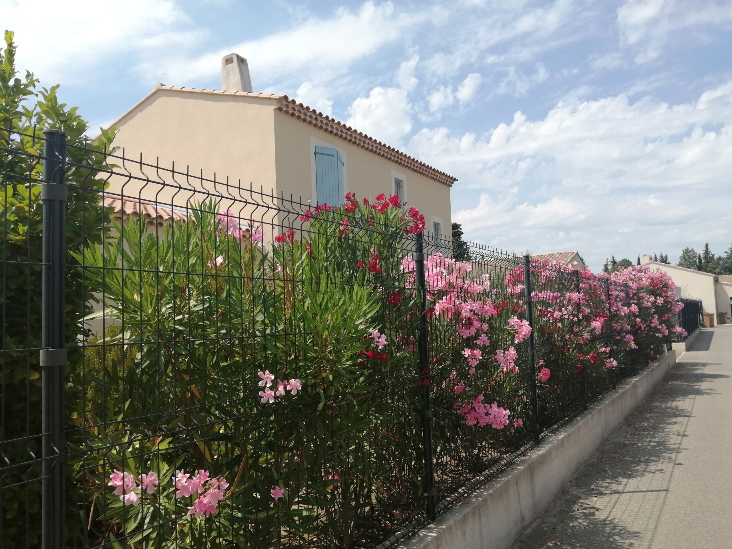 A house with a beige exterior, a tiled roof, and a metal fence with pink flowers.