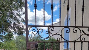 Um portão de ferro forjado com detalhes decorativos, um jardim com diversas plantas e flores, e um edifício com persianas azuis ao fundo.