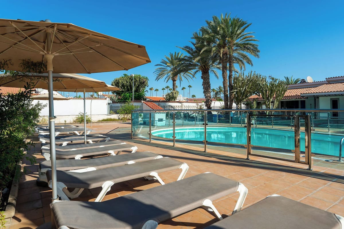 A poolside area with lounge chairs, umbrellas, and palm trees.