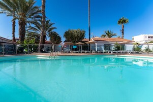 Une piscine d’un bleu éclatant, avec des chaises longues et des palmiers en arrière-plan.