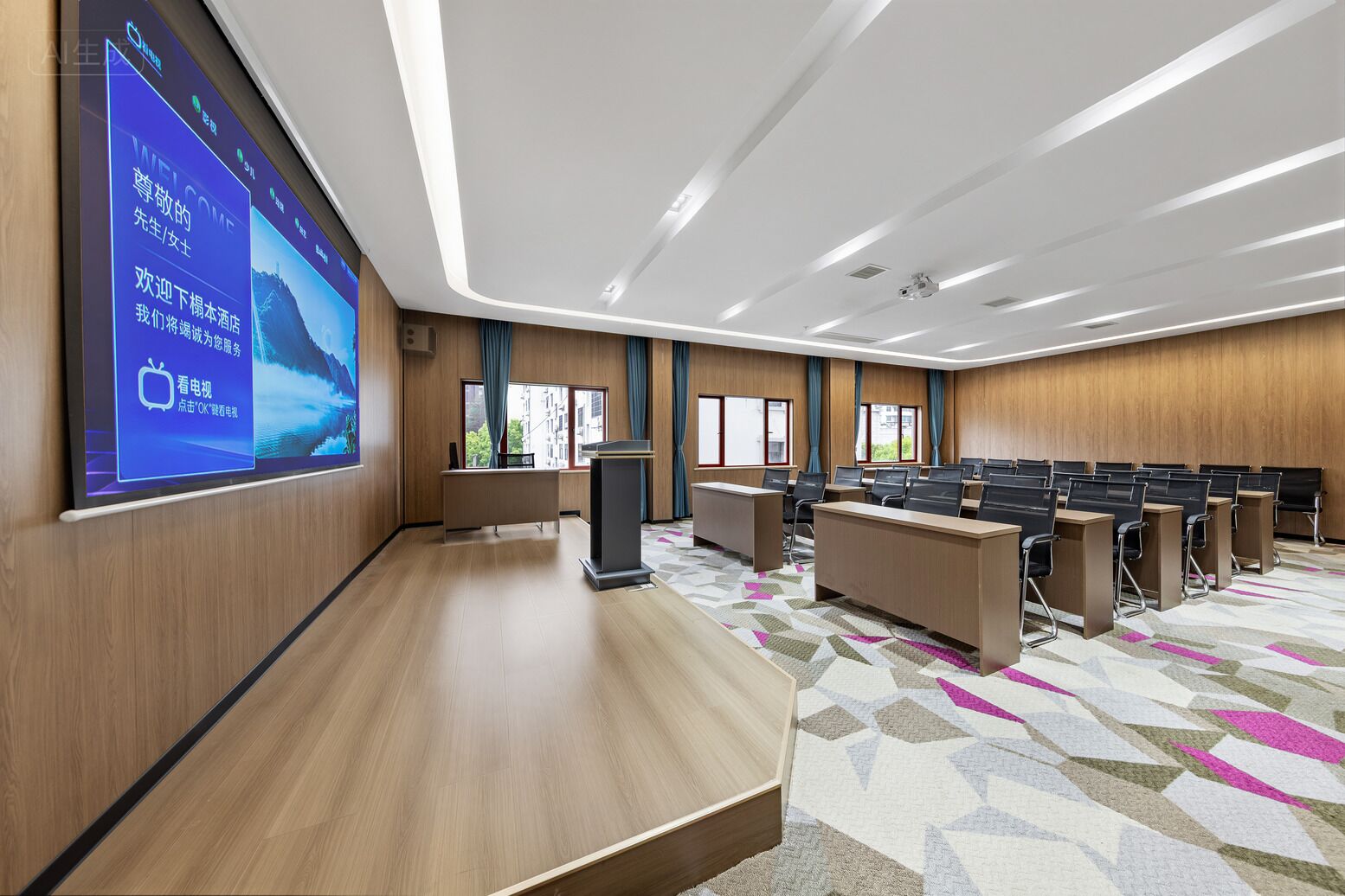 A conference room with a large screen, wooden panel walls, a podium, and rows of chairs.
