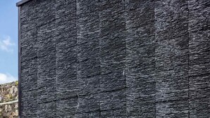 A modern outdoor area with a textured wall, potted plants, and a tiled floor. - APOLLO COURTYARD HOTEL (Zhangjiajie)