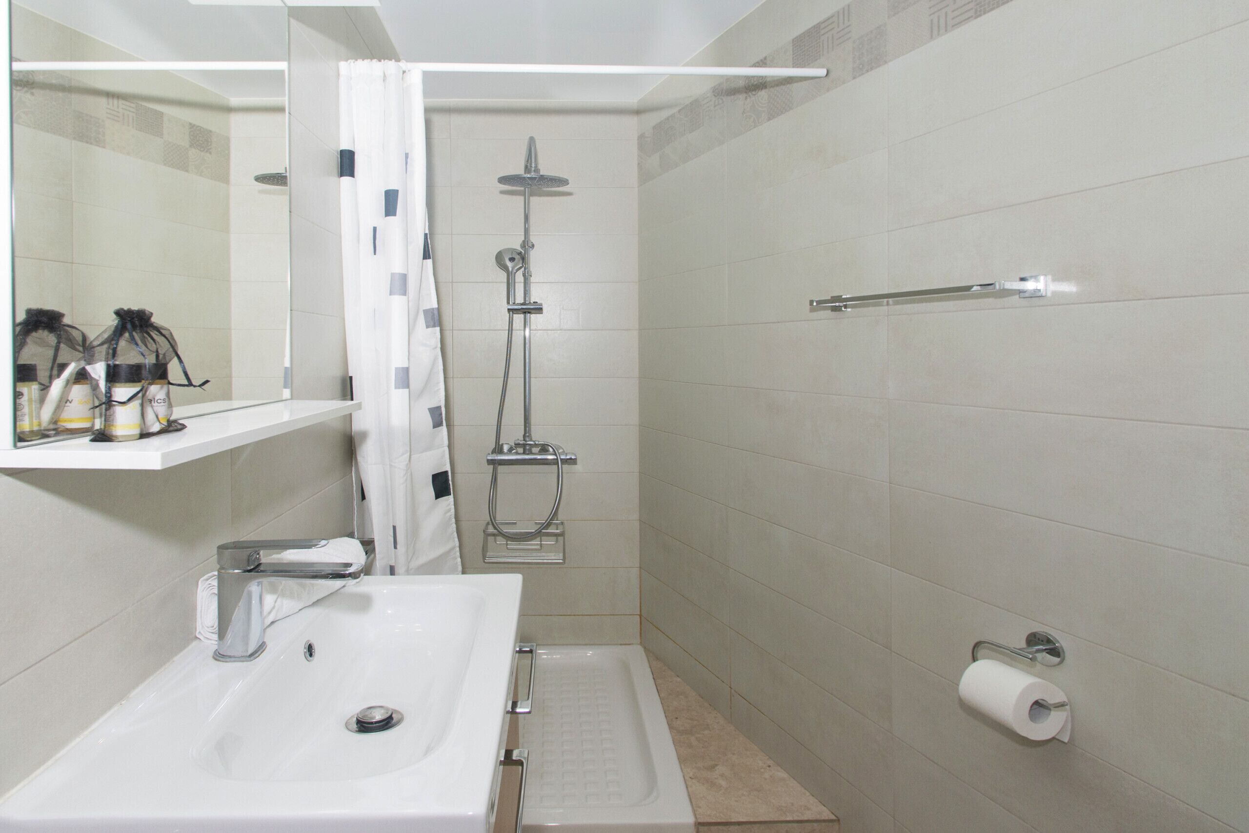 Un baño con lavamanos, ducha y dispensador de papel higiénico.