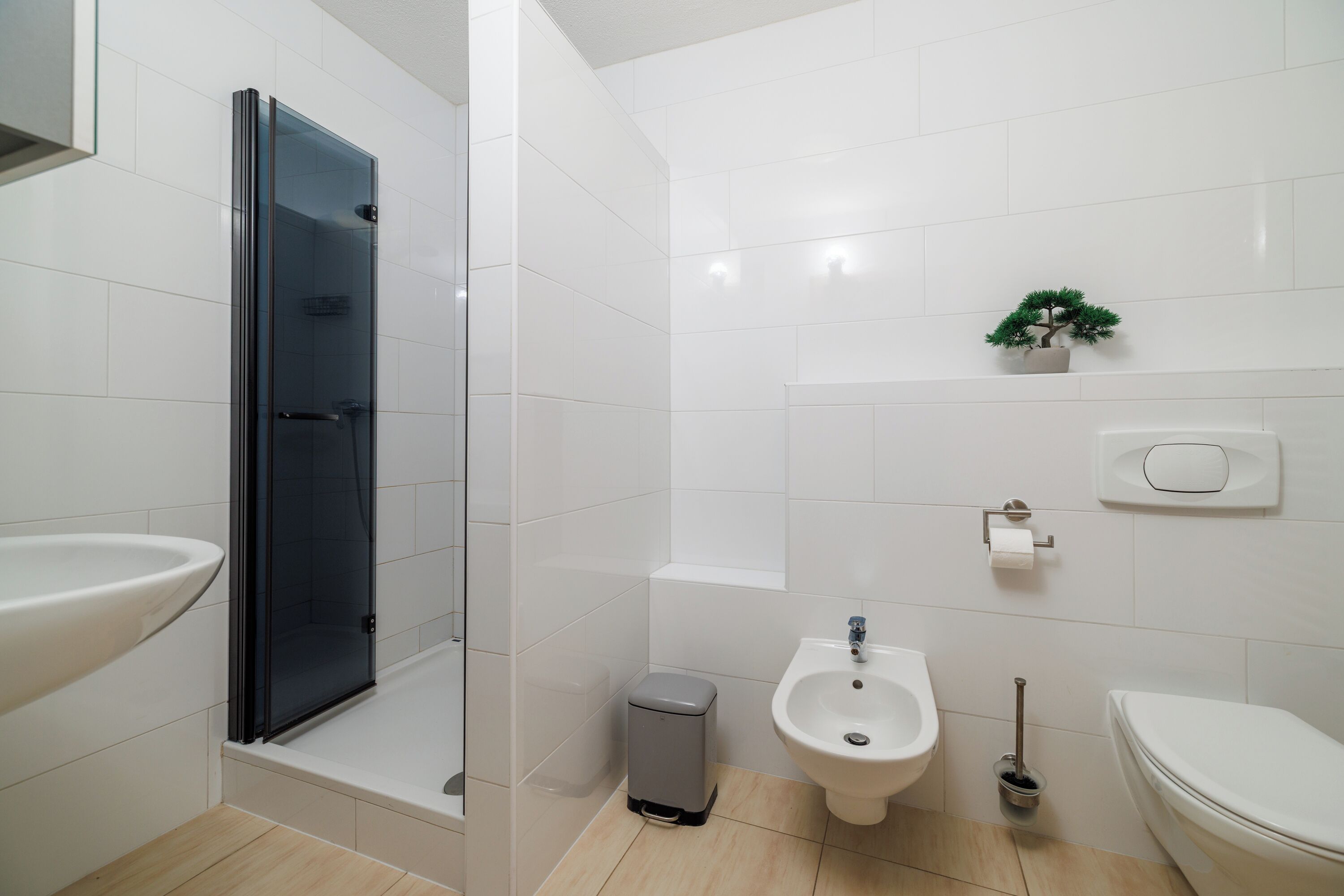 Une salle de bain moderne avec une douche à parois de verre, un lavabo sur colonne, un bidet et des toilettes.