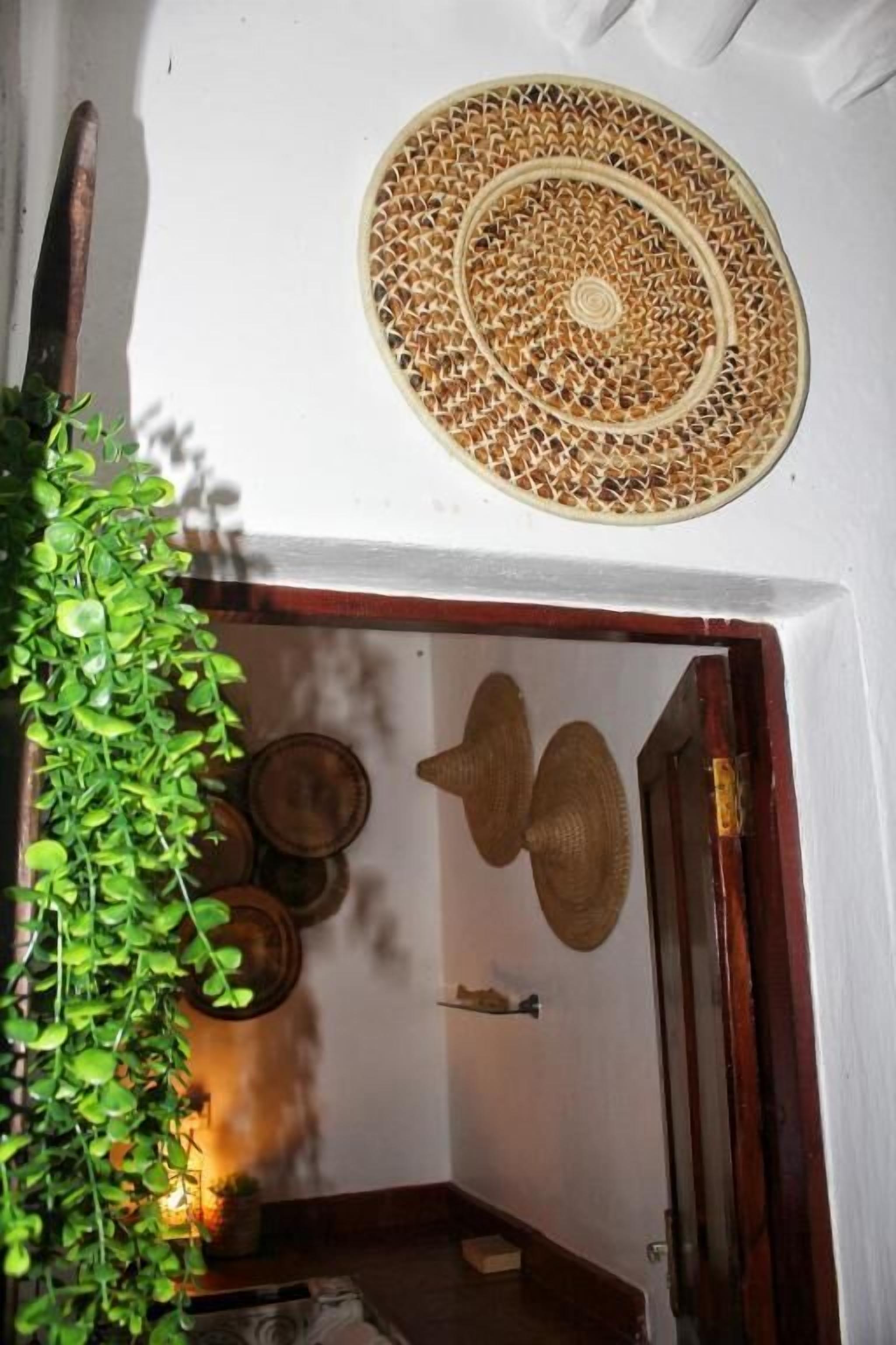 A room with a woven mat on the wall, a wooden door, and a potted plant.