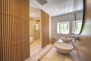 Shower, hair dryer, towels, toilet paper