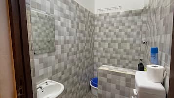 Shower, bidet, towels, soap