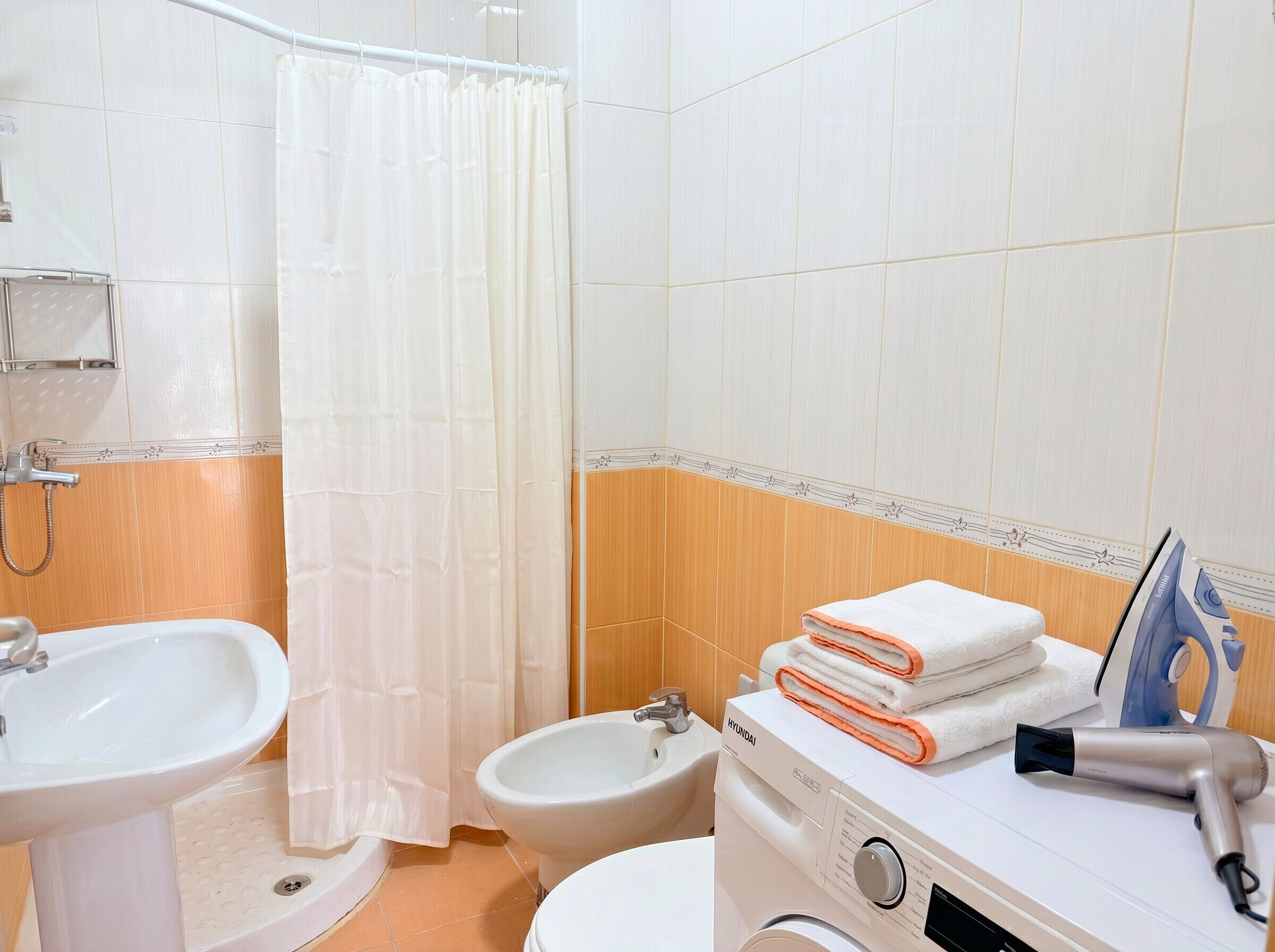 Shower, hair dryer, bidet, towels