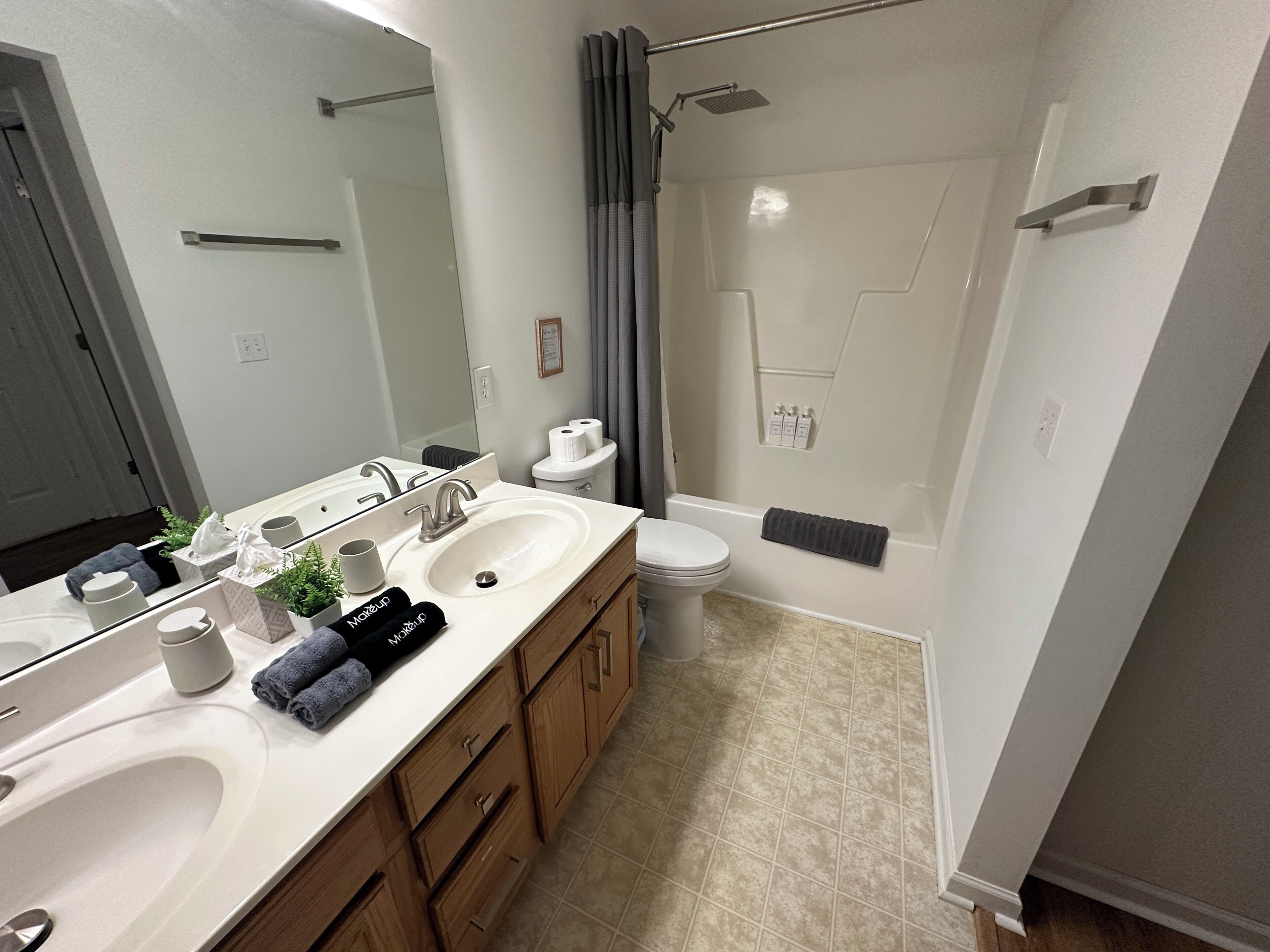 Hair dryer, towels, soap, shampoo