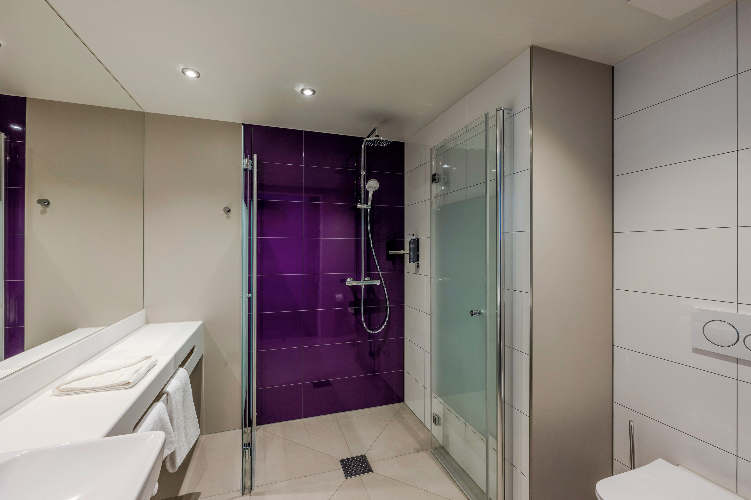 A modern bathroom with a glass shower enclosure, a white sink, and a mirror.