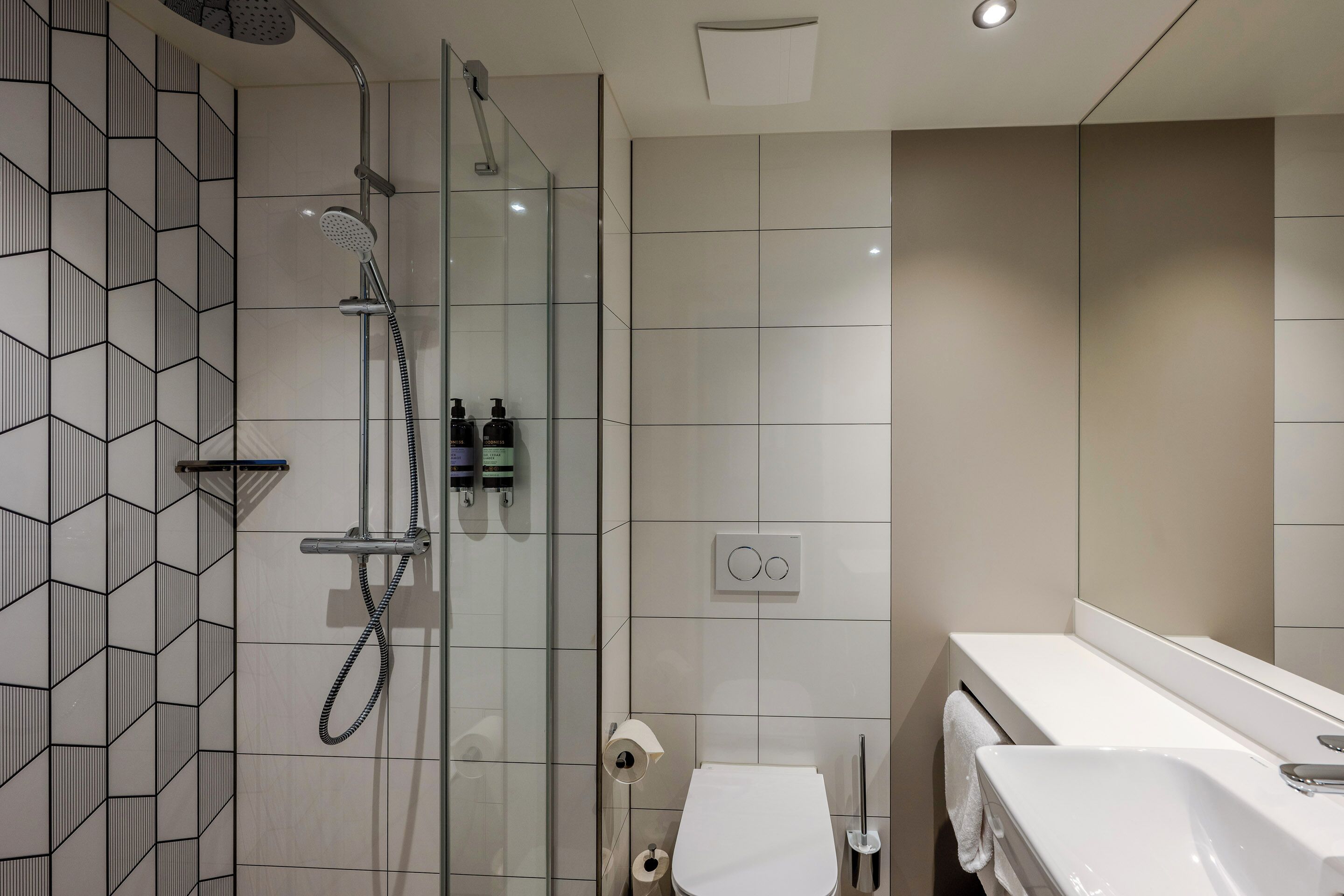 A modern bathroom with a glass-enclosed shower, a toilet, and a sink with a mirror.