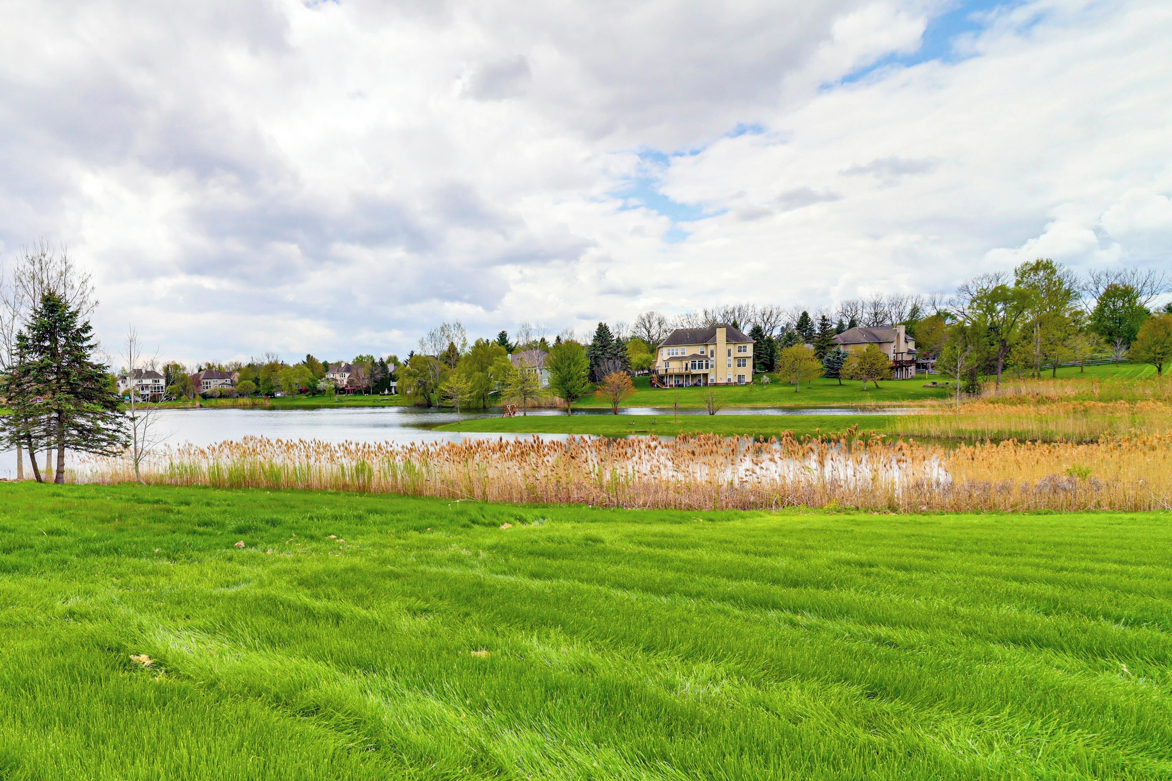 Un champ verdoyant avec un lac, des maisons et des arbres.