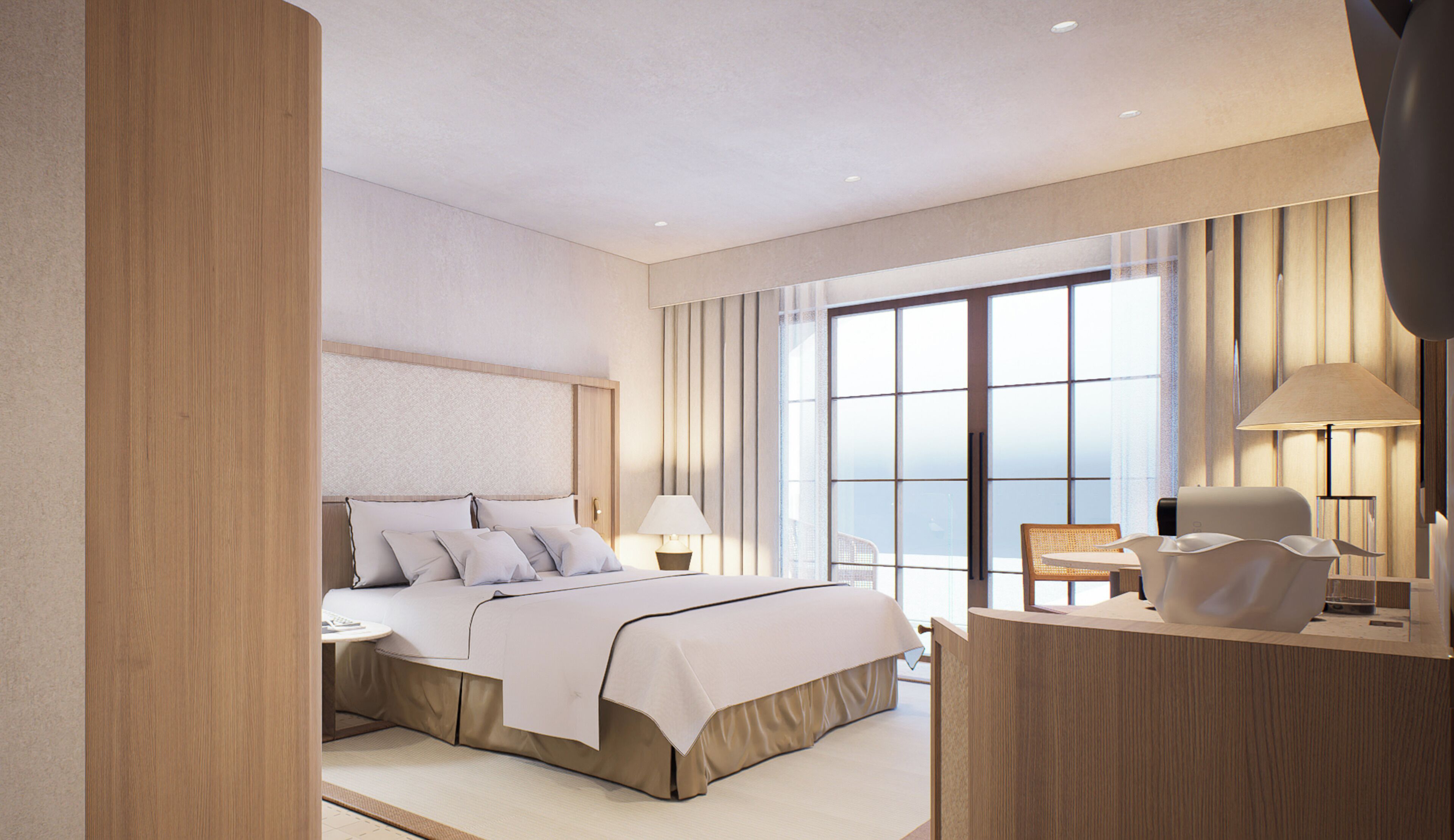 A modern hotel room with a large bed, bedside tables, a desk with a chair, and a large window with curtains.