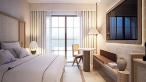A hotel room with a bed, a chair, a table, a TV, and a large window. - Casa Azure Member Of Meliá Collection (San Lawrenz)