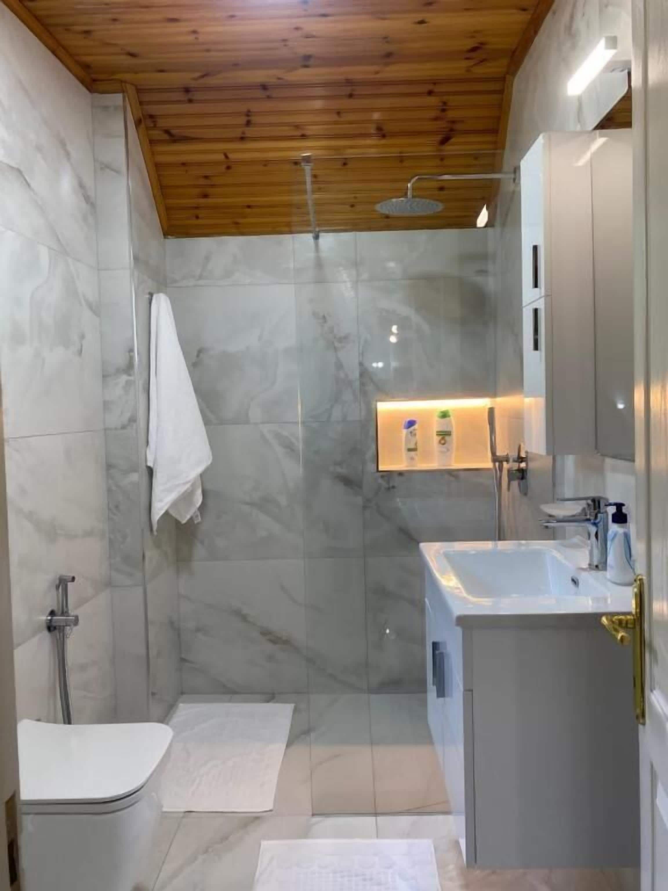 A modern bathroom with a shower, toilet, and vanity.