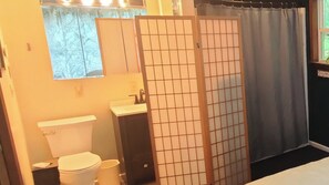 Hair dryer, towels, soap, toilet paper