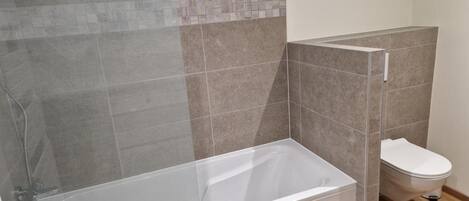 Un baño con bañera, inodoro y zona de ducha.