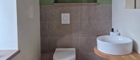 A bathroom with a toilet, a sink, and a toilet paper holder.