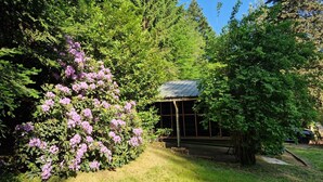 Um jardim com um gazebo, cercado por vegetação densa e arbustos floridos.
