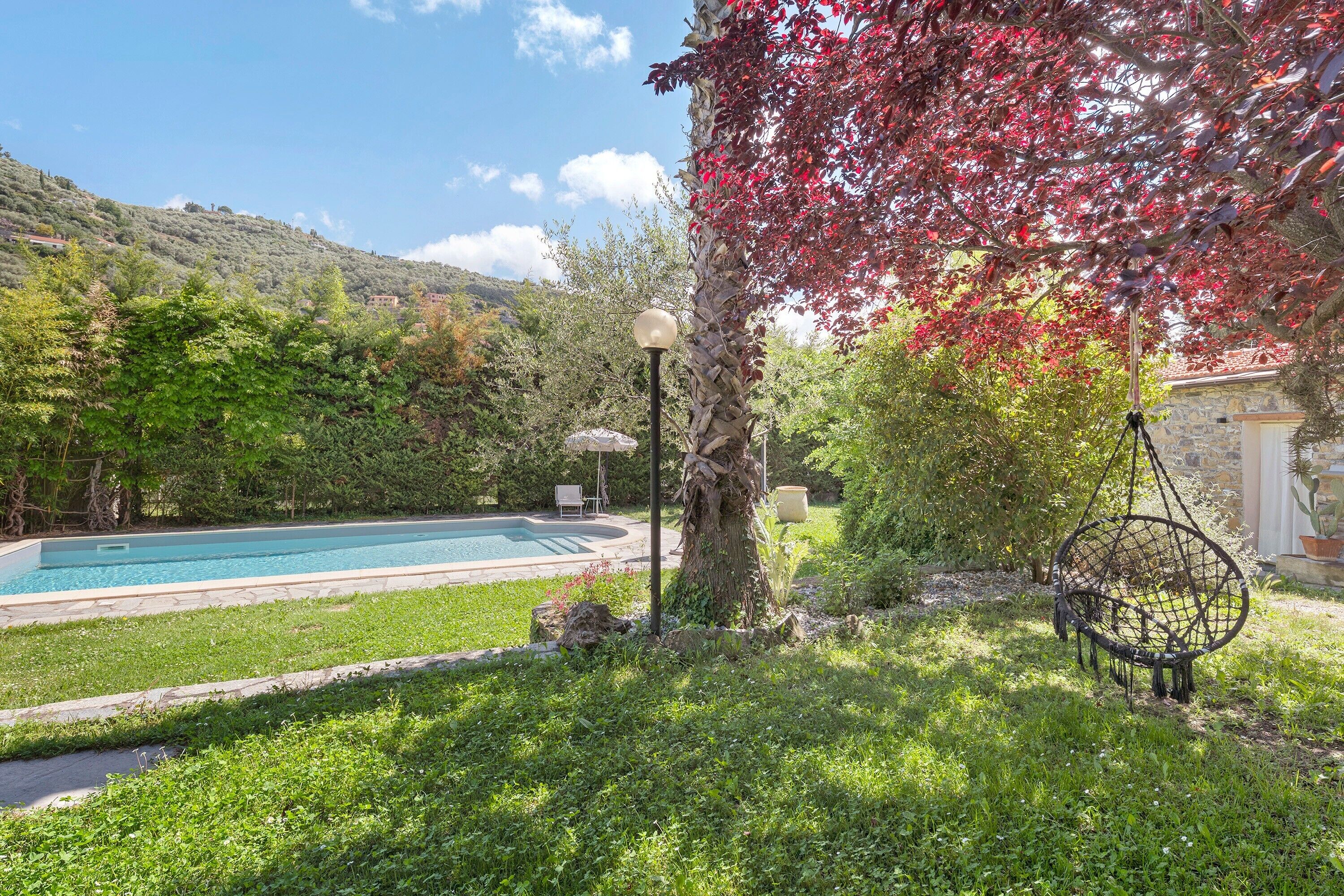 A swimming pool surrounded by lush greenery, a hanging chair, and a lamp post.