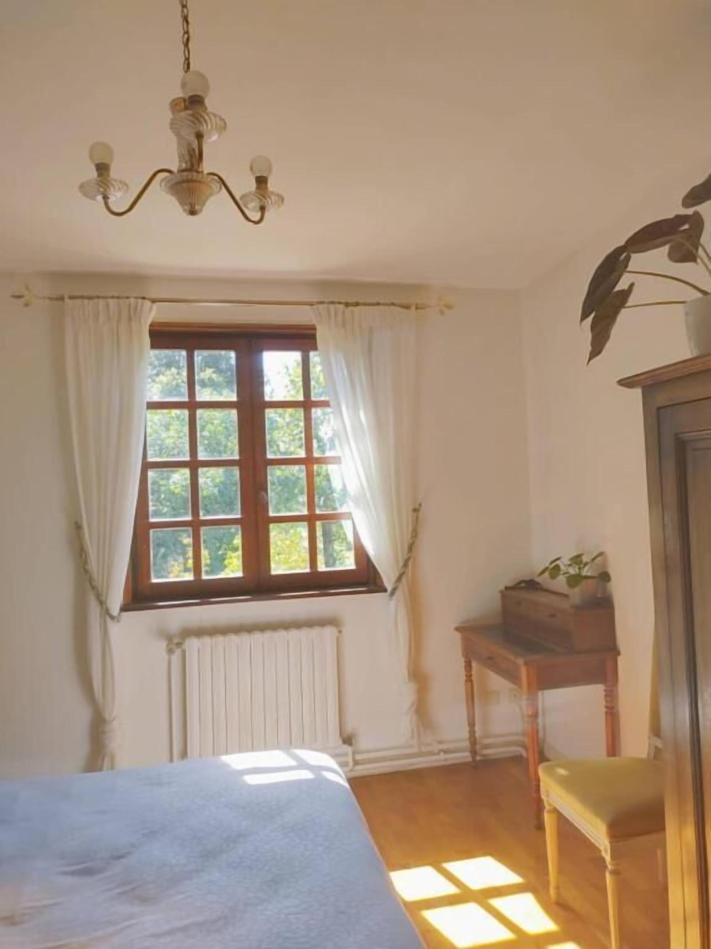 A room with a bed, a window with curtains, a radiator, a wooden table, and a plant.