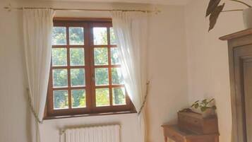 A room with a bed, a window with curtains, a radiator, a wooden table, and a plant.