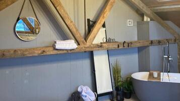 Combined shower/bathtub, deep-soaking bathtub, hair dryer, towels