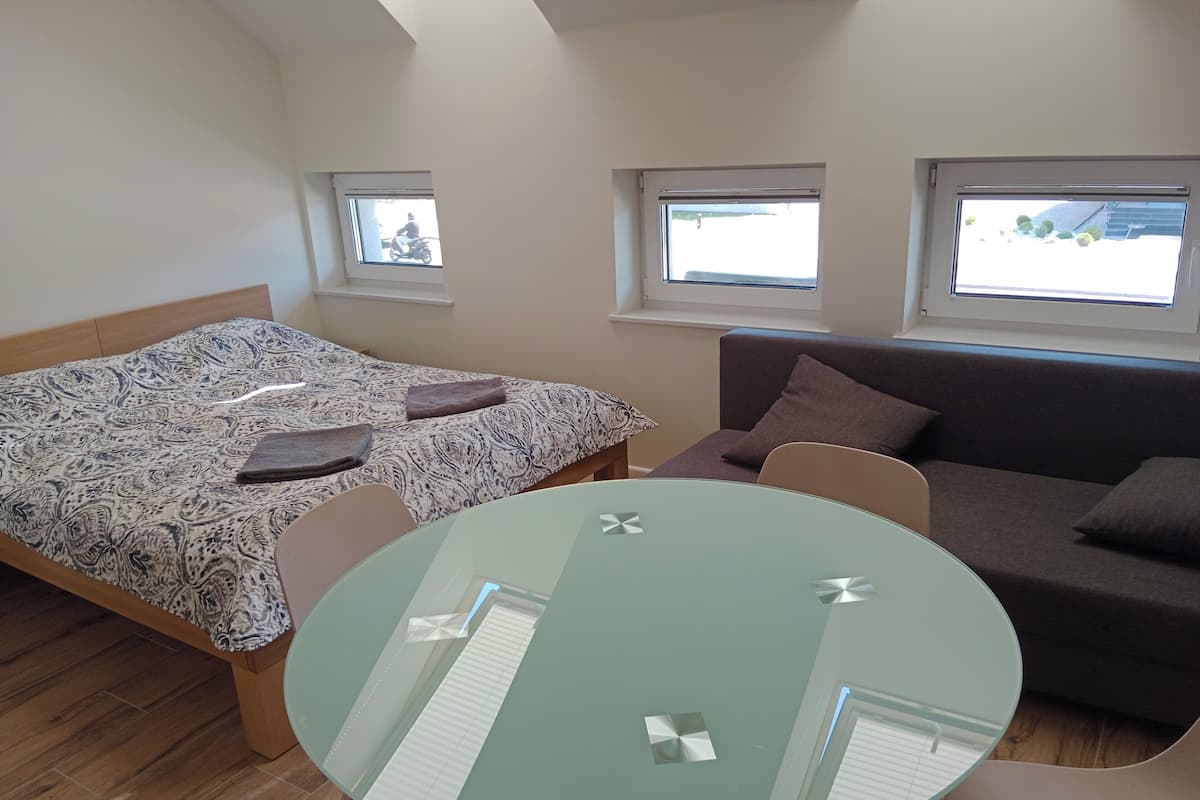 A bedroom with a bed, a sofa, a glass table, and two windows.
