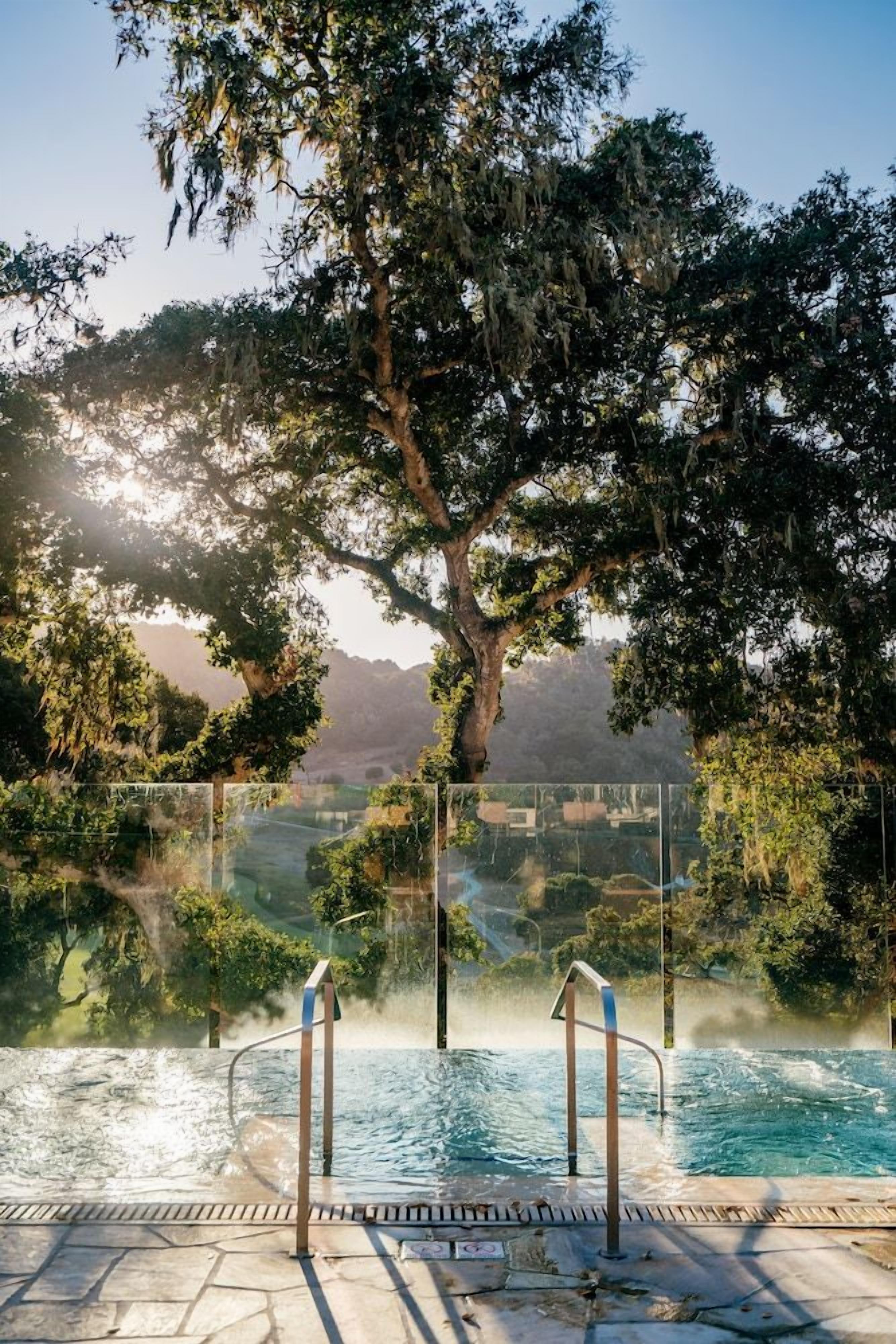 A hot tub surrounded by trees with a view of a landscape.