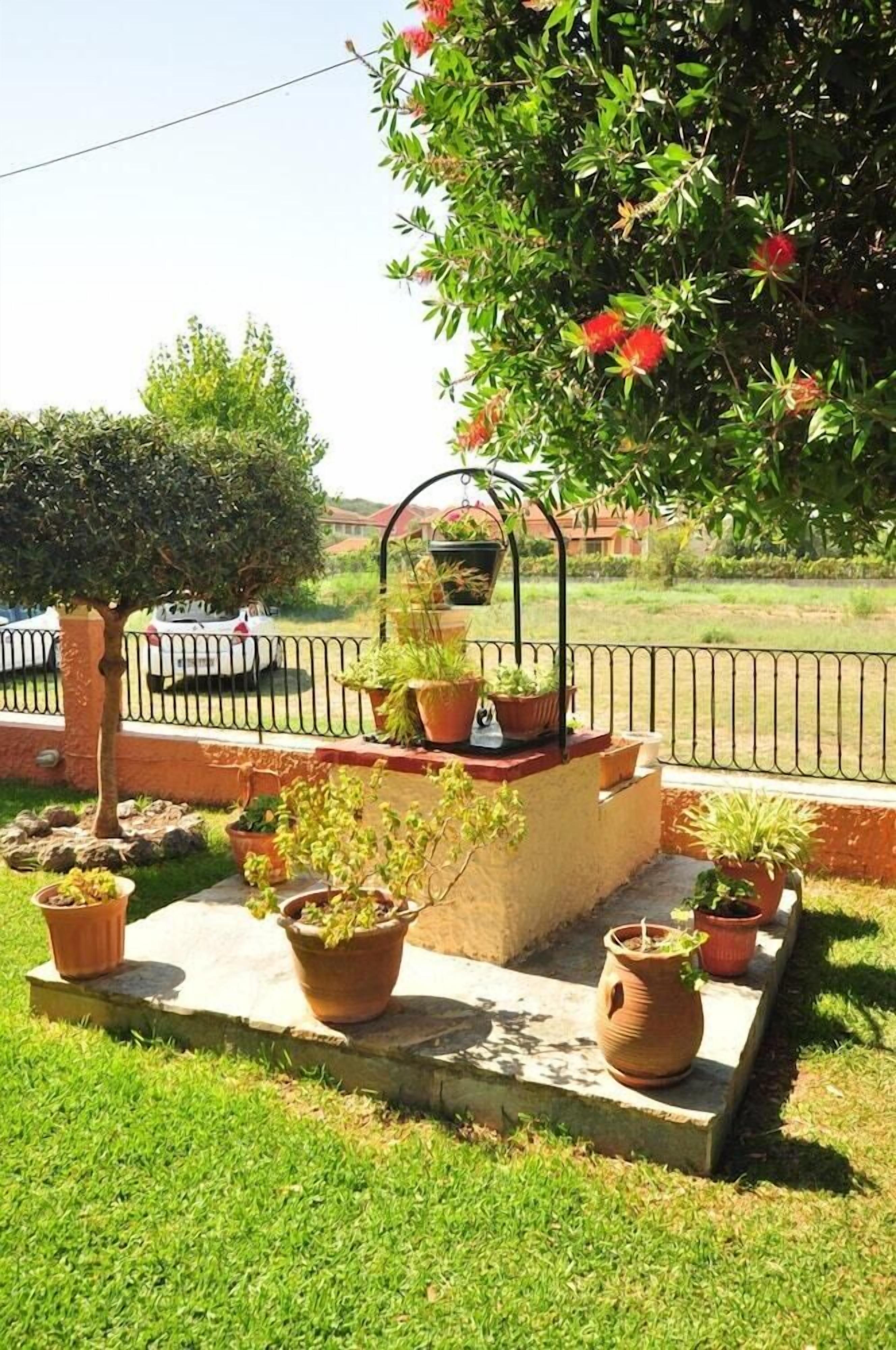 A garden area with potted plants and a metal structure.