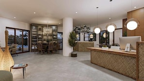 A modern reception area with a desk, chairs, and a large window. - Cretan Seaside Boutique Hotel (Hersonissos)