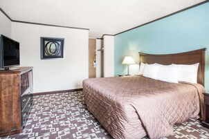 Habitación de hotel con una cama, un televisor, una obra de arte en la pared, un tapete estampado y una mesita de noche con lámpara.