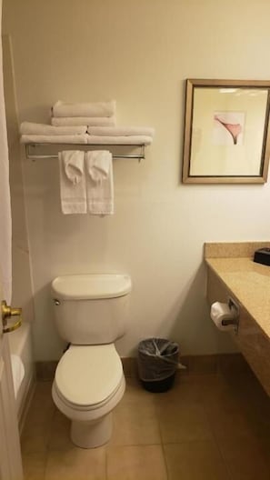 A bathroom with a toilet, a towel rack with folded towels, a framed picture on the wall, and a trash bin. - Country Inn & Suites by Radisson, Manchester Airport, NH (Bedford)