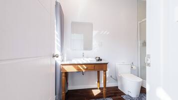 Un bagno con mobile lavabo in legno, lavandino bianco e water.