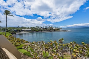 A coastal view with a clear sky, a body of water, and a residential area with houses and greenery. - Napili Oceanfront 1br Condo Sleeps 4 - Unit B14 1 Bedroom Condo (Lahaina)