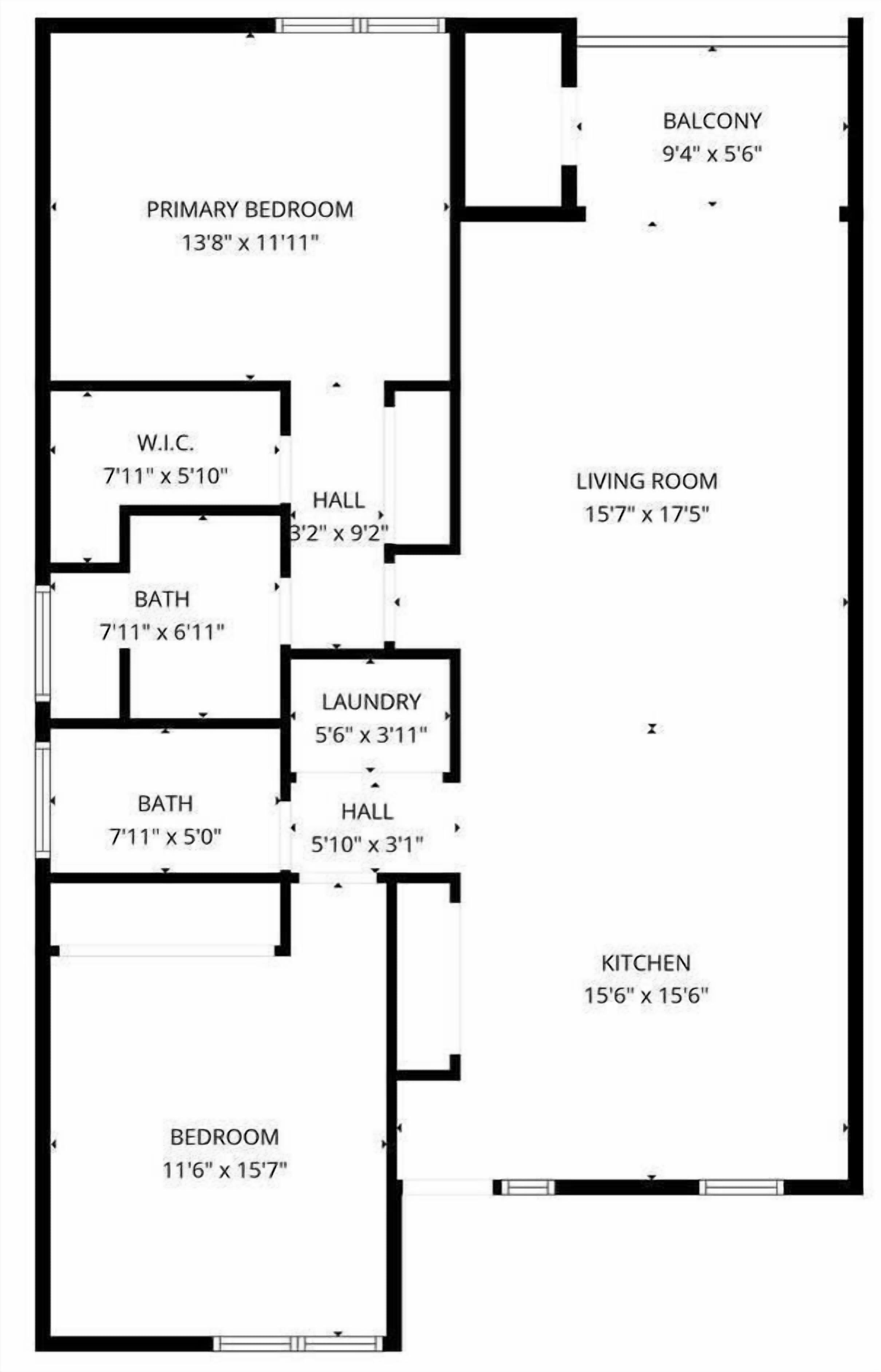 Een plattegrond met een hoofdslaapkamer, woonkamer, keuken, twee badkamers, twee gangen, een wasruimte, een balkon en een inloopkast.