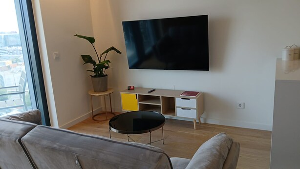 A modern living room with a flat-screen TV, a potted plant, a small round table, and a sofa. - Calm Luxury w Pool Gym Parking (Lisbon)