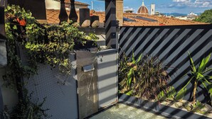 Un jardin sur le toit agrémenté d’un élément aquatique, de cactus et offrant une vue sur des bâtiments éloignés.