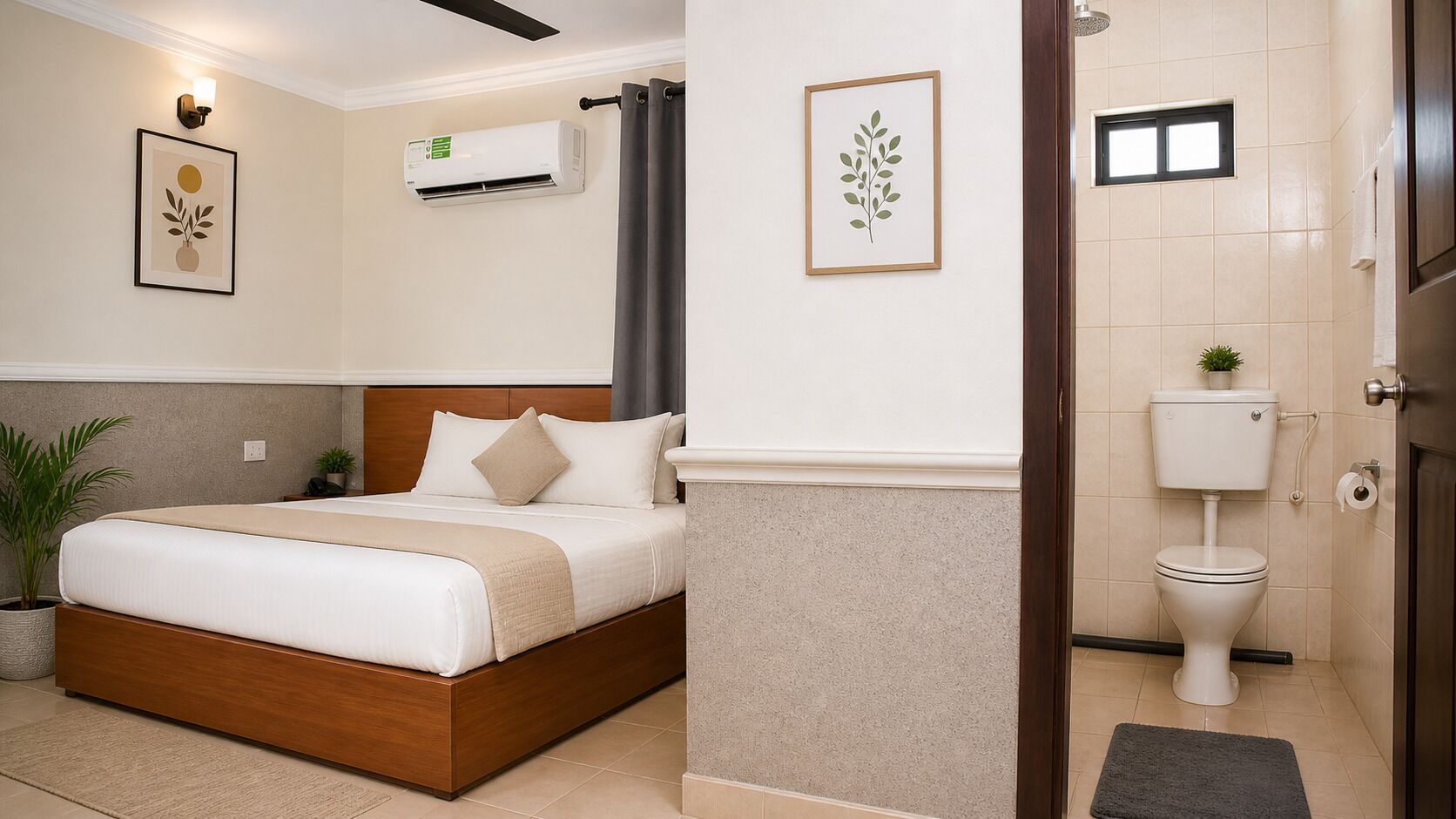 Un dormitorio con cama, mesita de noche, aire acondicionado instalado en la pared y un cuadro enmarcado.