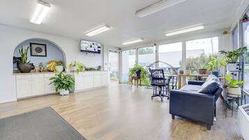 A spacious room with a wooden floor, a sofa, a desk, and various potted plants.