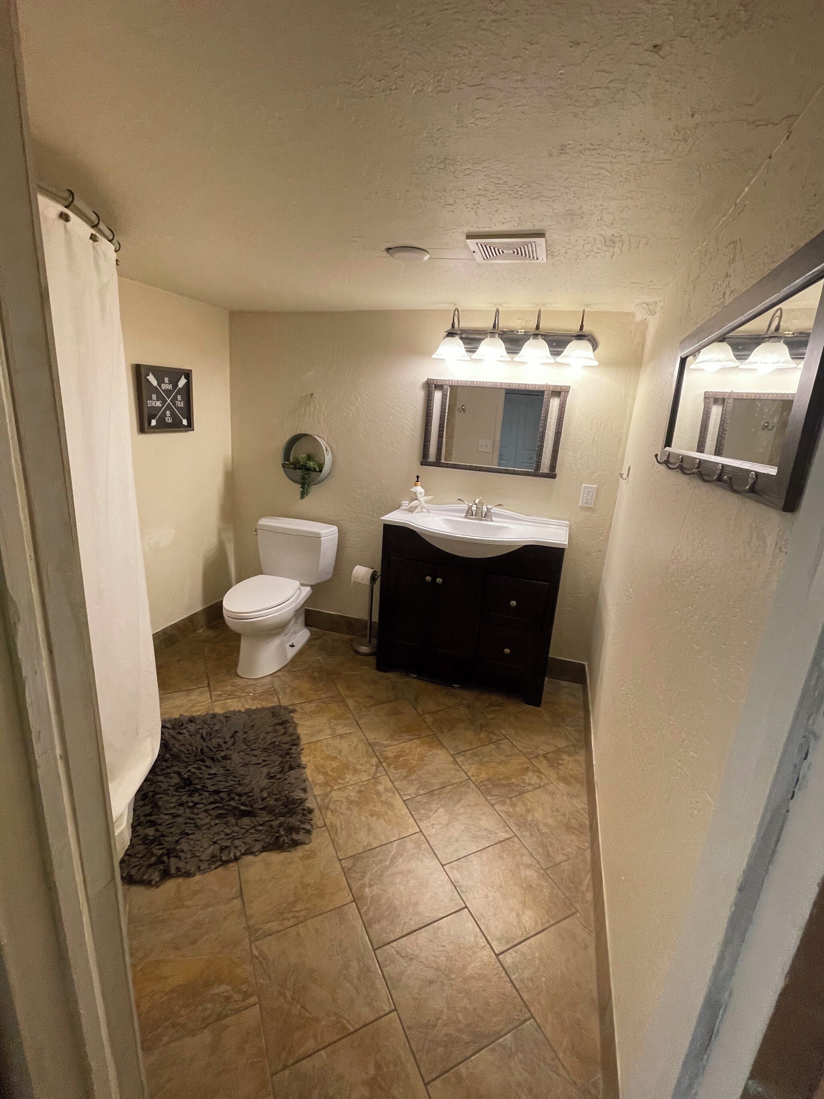 Hair dryer, towels, soap, toilet paper