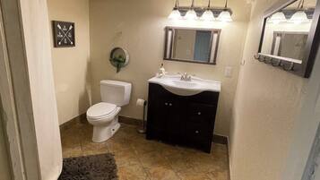 Hair dryer, towels, soap, toilet paper